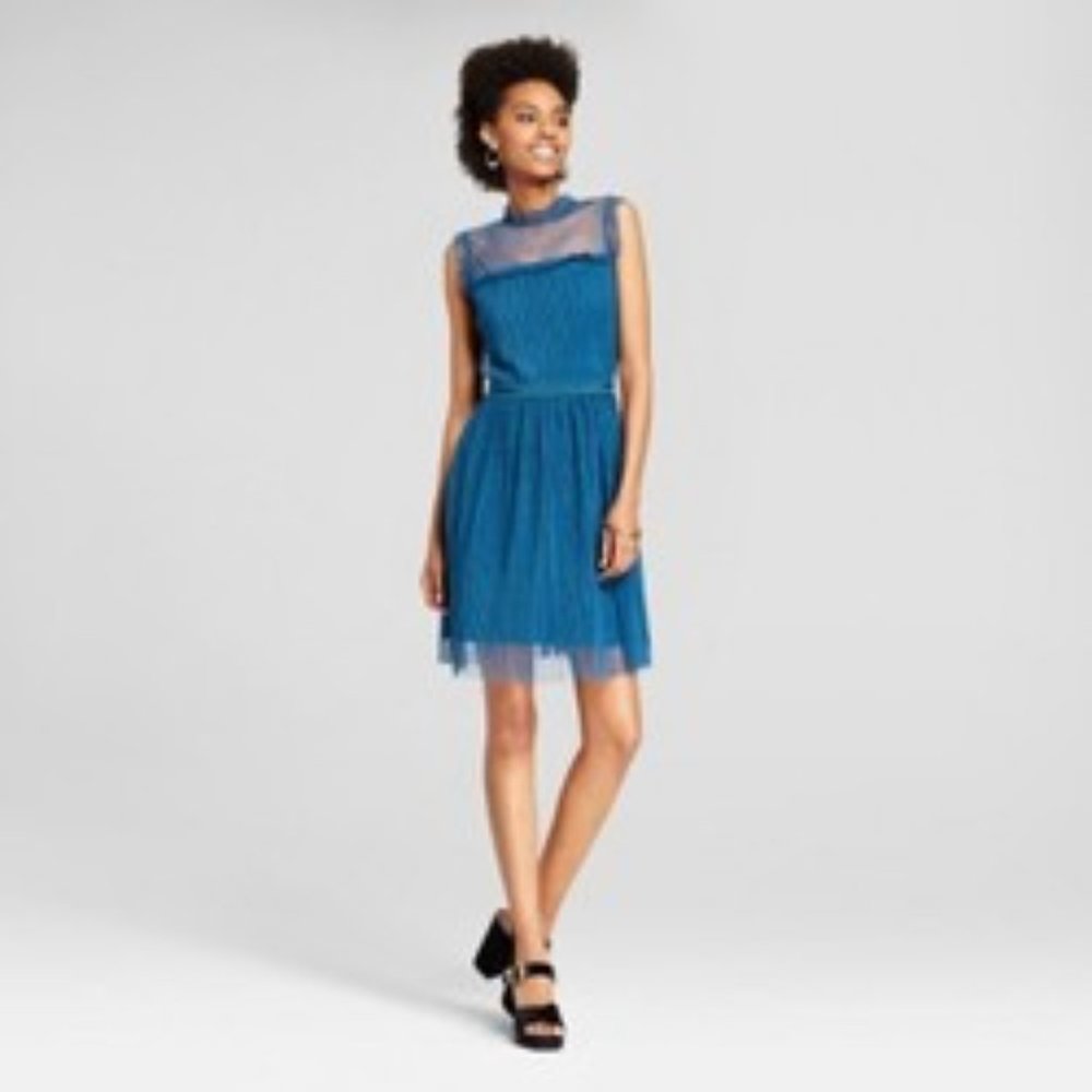 Xhilaration Polka Dot Ruffle Pleated Dress Blue